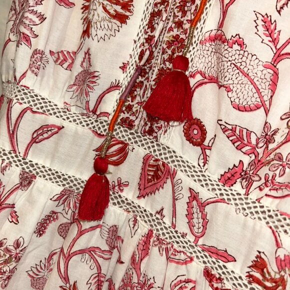 nibi-mtk red white toile floral print flutter sleeve Bohemian Beach Dress XS - Picture 3 of 6